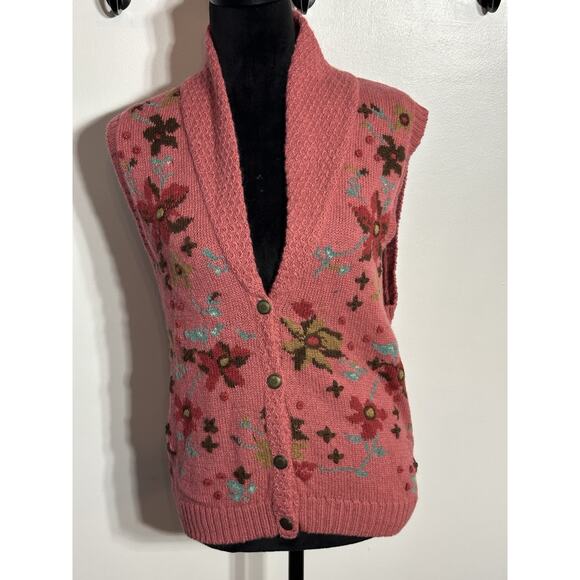 VINTAGE Eddie Bauer Women Small SweaterVest Wool Pink Floral Shawl Collar Button - Picture 1 of 7